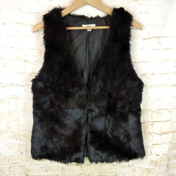Papaya Faux Fur Vest Juniors L Black Front Hooks V-Neck Boho Rock Chic Mod Punk - Picture 2 of 12
